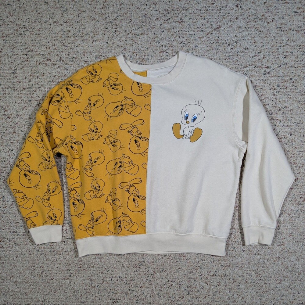 Looney Tunes Tweety Bird Sweatshirt Womens XL Half Cream/Gold AOP Graphic 2021